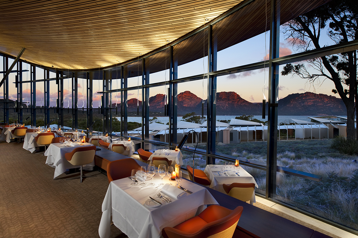 Five star Dining at the Saffire Lodge Resort, Freycinet Peninsula, Tasmania, Australia, with views to the Hazards