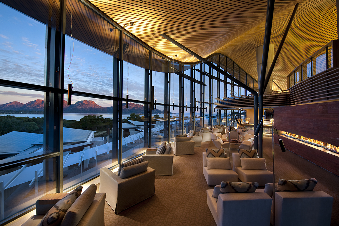 The Lounge, Saffire Lodge Resort, Freycinet Peninsula, Tasmania, Australia, with views to the Hazards