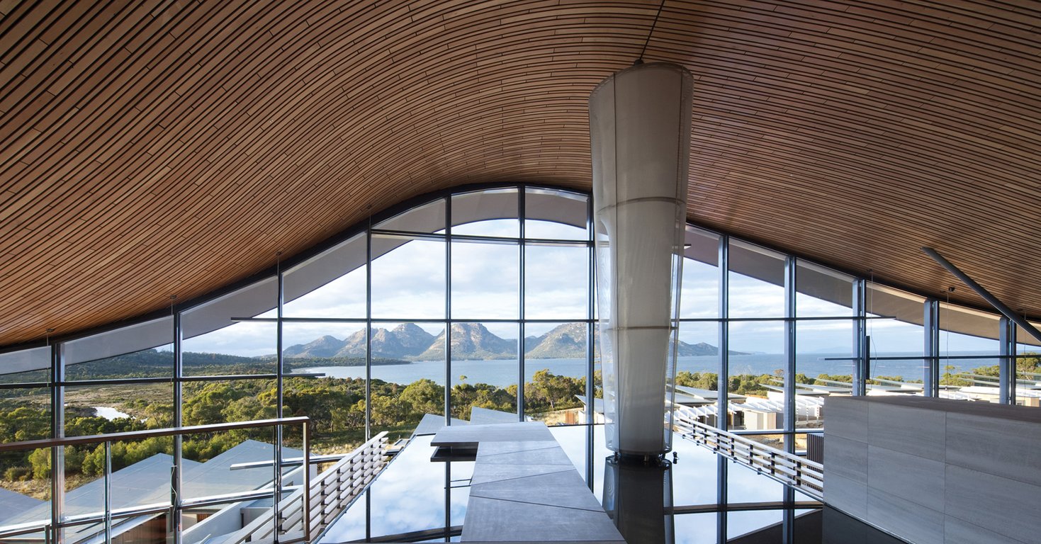 Entrance Lobby of the Saffire Lodge Resort, Freycinet Peninsula, Tasmania, Australia, with views to the Hazards