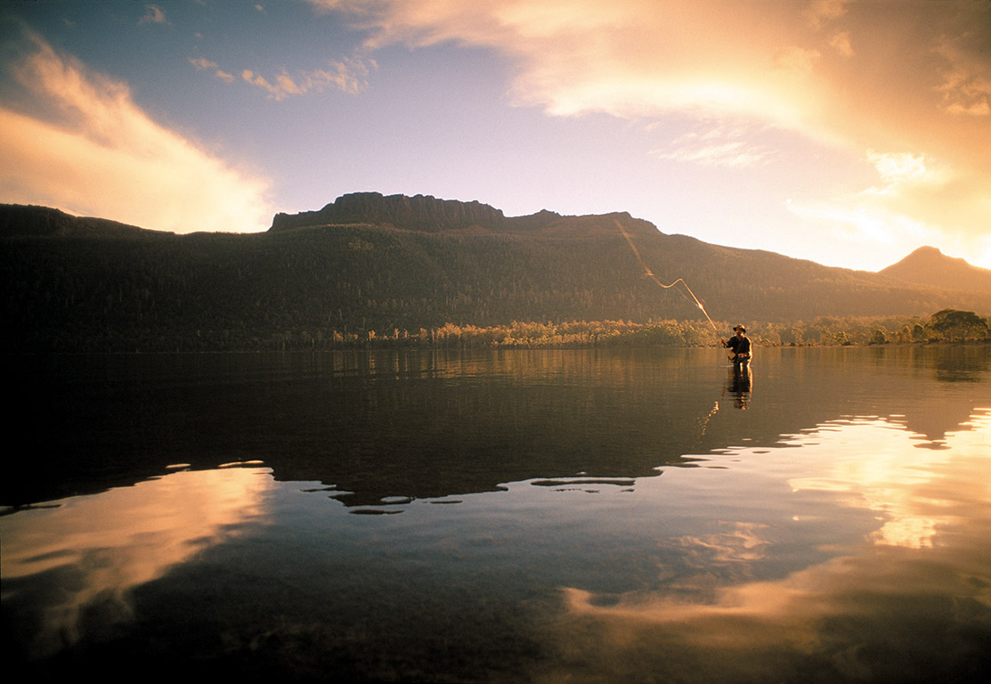 Fly-fishing at Lake St Claire in Cradle Mountain-Lake St Clair National Park for Tourism Tasmania, Australia