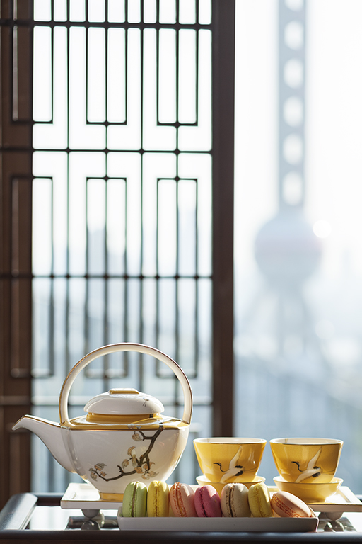 Tea service in the Presidential Suite at the Mandarin Oriental Hotel in Shanghai